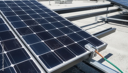 Commercial rooftop solar panel array showcasing high efficiency monocrystalline silicon wafers and grounding lugs