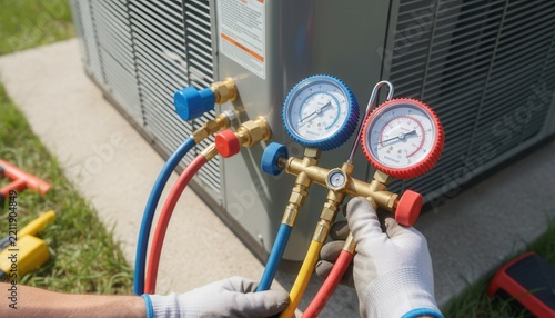 HVAC technician holding manifold gauge set with color-coded hoses to diagnose refrigerant pressures on outdoor heat pump unit