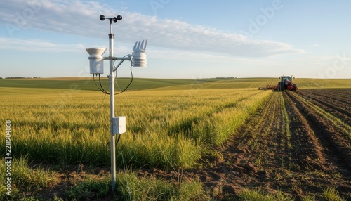 Compact farm weather station on metal mast at edge of open agricultural field with rolling green hills and distant tractor