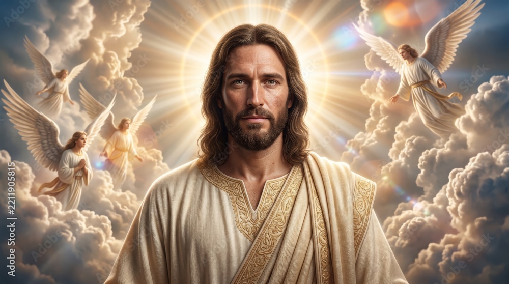 Fototapeta premium Jesus Christ portrait surrounded by angels among heavenly clouds. Christian faith and Catholic religious devotion. Sacred art, divine presence and heavenly imagery. Spiritual illustration.