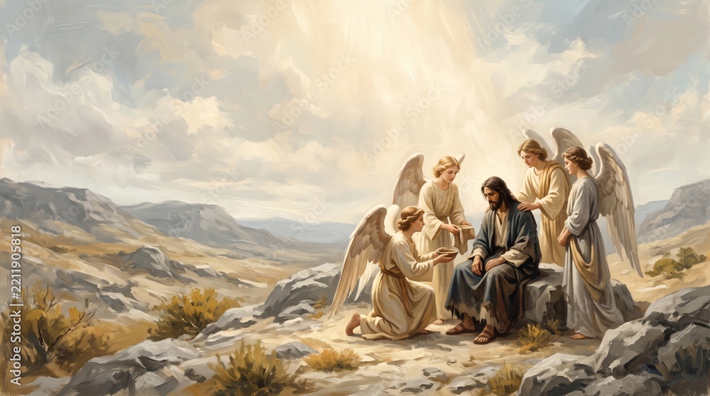Fototapeta premium Jesus Christ receiving care from angels in a rocky wilderness. Angels ministering to Jesus after temptation. Biblical Christian faith and divine comfort. Religious devotional illustration.