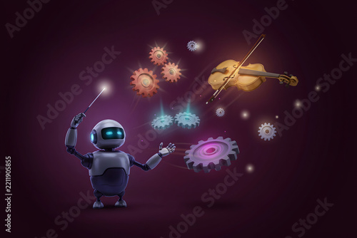 A small robot conductor using a glowing wand to direct floating mechanical gears and a wooden violin in a dark purple space with light effects