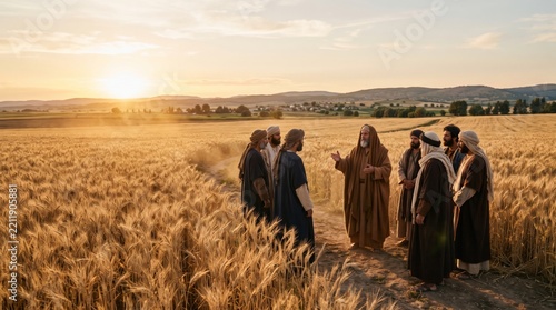 Jesus Christ teaching disciples in a wheat field at sunset. Biblical scene of fellowship and faith. Christianity, Catholic religion and scripture. Gospel teaching and spiritual guidance.