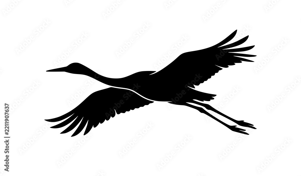 Obraz premium Flying Crane Bird Black Silhouette Icon Vector Design