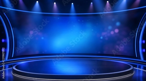 TV quiz show studio, game show stage lights, dim neon lights, soft spotlights, blank stage, blue background.
