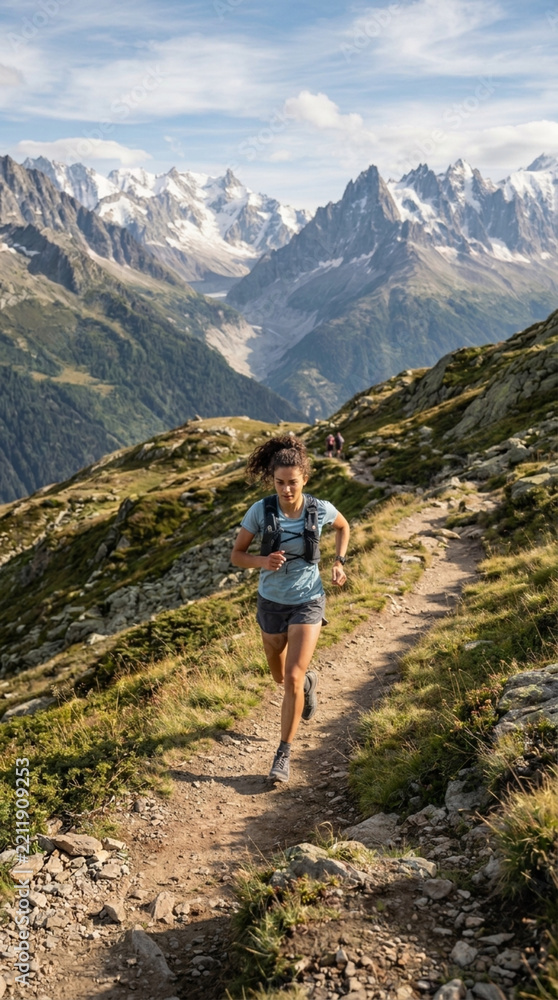 Fototapeta premium Woman trail running in the Alps active lifestyle outdoor adventure mountain landscape fitness