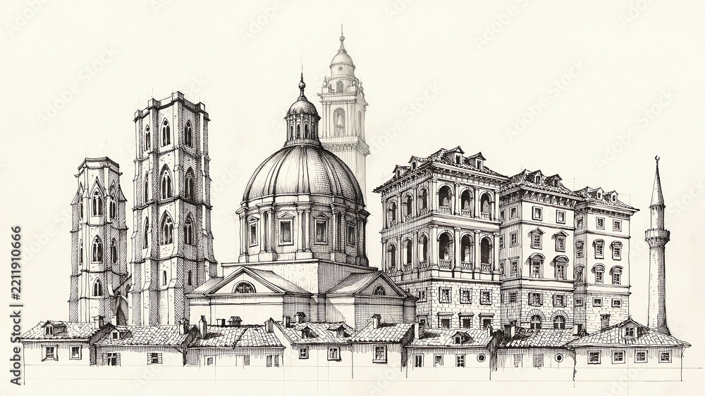 Obraz premium Panoramic graphite sketch of european old town skyline high resolution picture