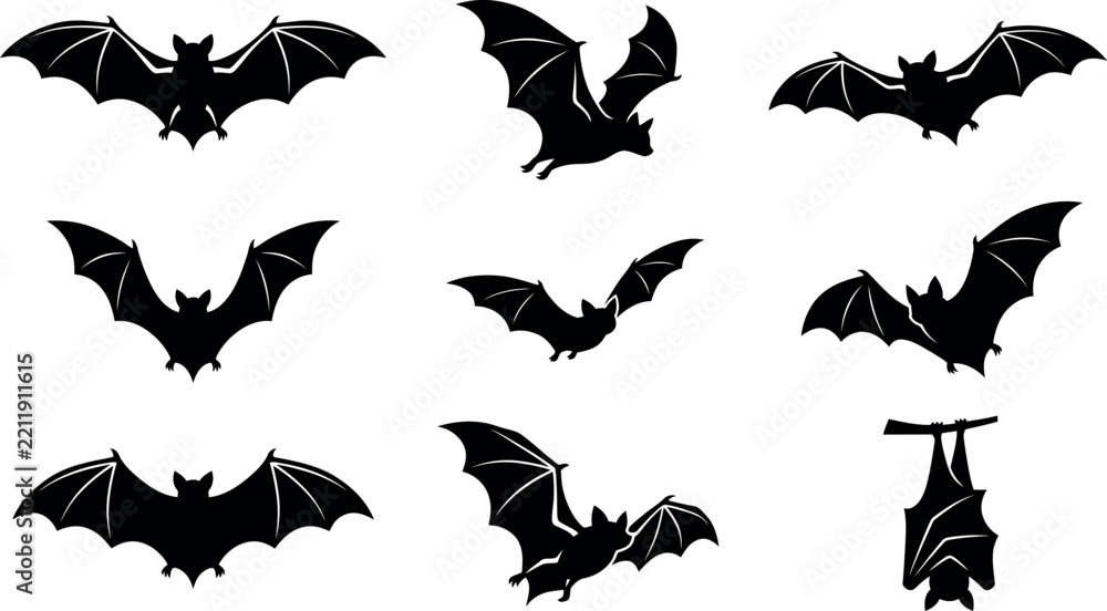 Fototapeta premium Collection of black silhouettes of bats in various flying and hanging poses