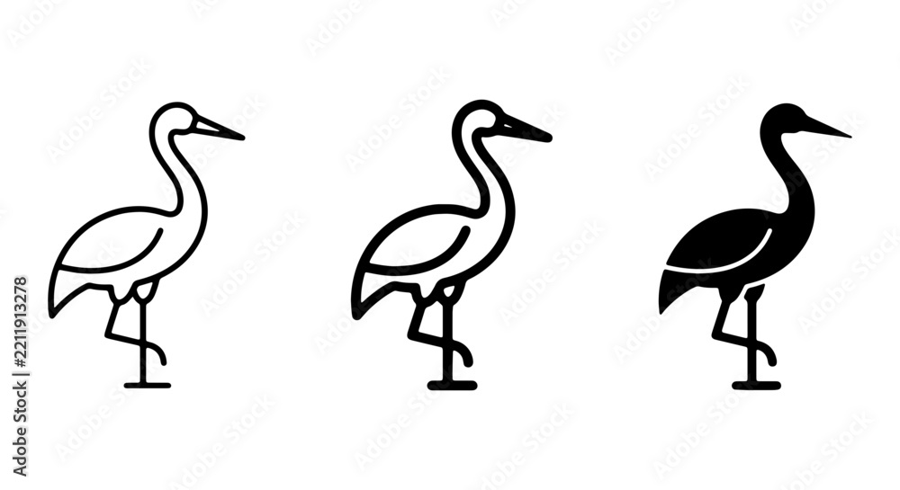 Obraz premium Three stylized illustrations of a crane bird standing on one leg in outline and solid forms.