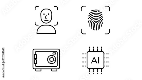 Biometric security icon pack with face recognition, fingerprint scanner, safe box and AI chip seamless loop for presentations on transparent background