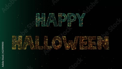 Glowing Happy Halloween Text Made of Blue and Golden Particles, 4K Seamless Loop
