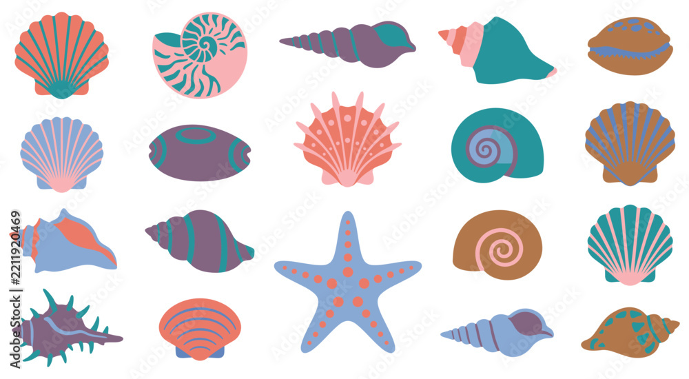 Obraz premium Marine seashells and starfish colorful collection set.