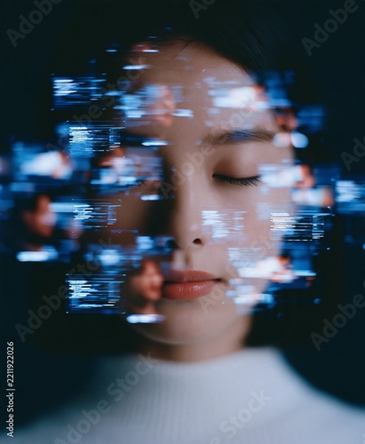 Digital glitch portrait of a person with closed eyes