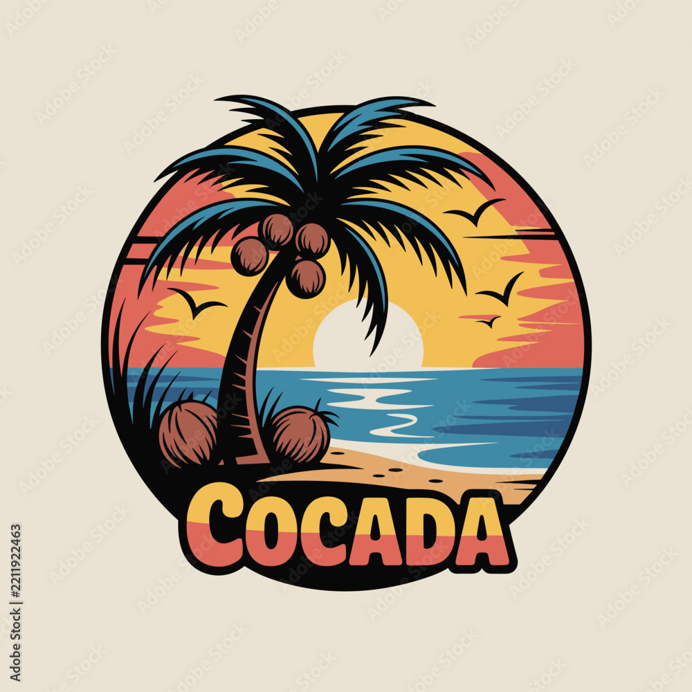 Fototapeta premium Circular featuring a palm tree with coconuts on a tropical beach at sunset, with the text cocada in a bold retro font