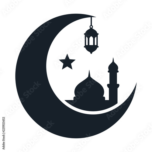 Islamic crescent moon silhouette with mosque, black Ramadan lantern and star icon, religious holiday greeting vector
