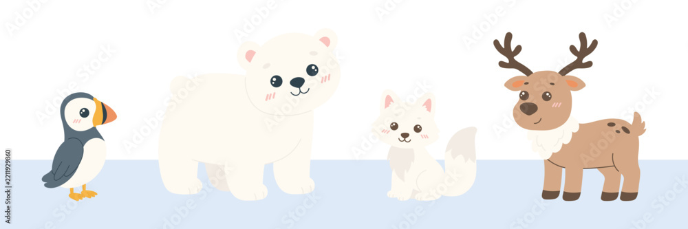 Obraz premium Cute cartoon set of arctic animals including puffin bird, polar bear, arctic fox, and reindeer deer isolated on light blue background for winter wildlife design.