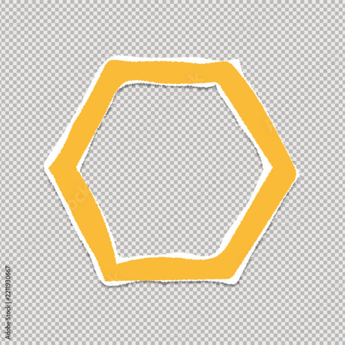 Yellow ripped paper frame in a hexagonal shape isolated on a transparent background for creative design projects