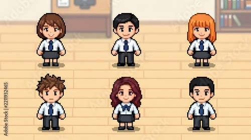 Pixel Art Student Characters Standing in a School Hallway for Educational Game Design