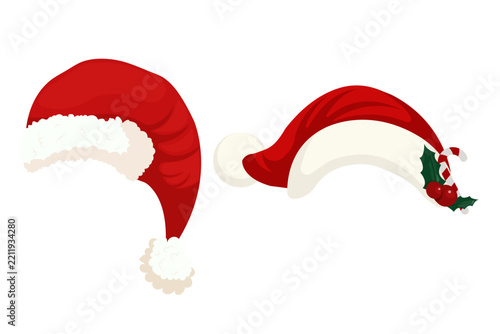 Santa Hat Collection Vector. Red Christmas Santa Claus Hats Set with White Fur for New Year Celebration, Festive Design and Holiday Posters