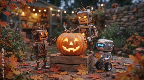 Three whimsical robots carve a jack-o-lantern in a cozy autumn garden setting with string lights