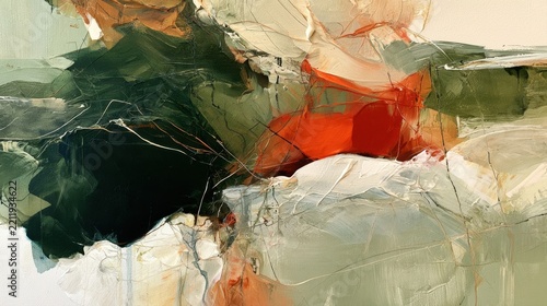 Abstract oil painting canvas texture with bold expressive brush strokes of deep green sage orange red and neutral beige tones, contemporary modern fine art background for wallpaper interior print