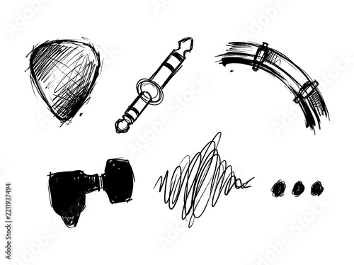 Hand drawn guitar accessories and sound wave sketch on white background