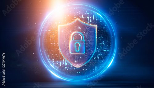 Cyber security concept with a glowing neon shield and padlock in a digital data corridor with orange light burst