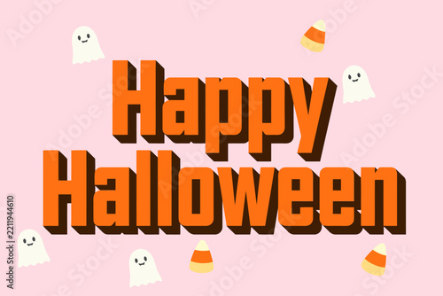 Happy Halloween text with cute ghosts and candy corn on pink background for festive holiday greeting card