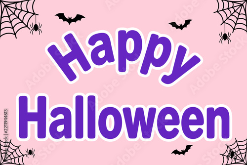 Happy Halloween text with cute bats and spider webs on pastel pink background for festive greeting card