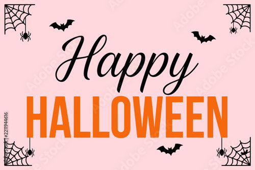 Happy Halloween text greeting with bats and spider webs on pink background for festive holiday card or party invitation
