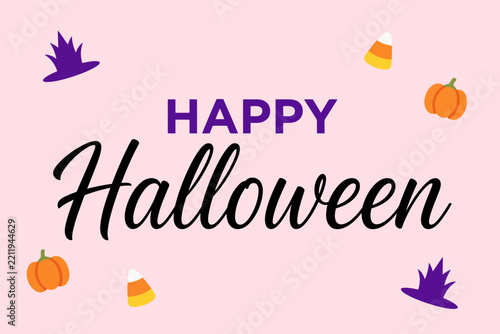 Happy Halloween greeting card with cute pumpkins candy corn and witch hats on pink background