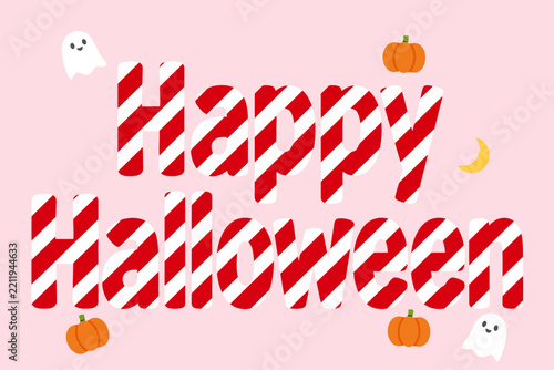 Happy Halloween striped red and white text with cute ghosts and pumpkins on pink background