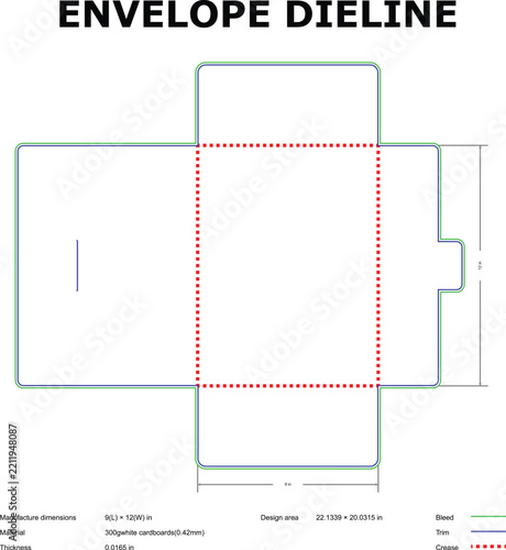 Envelope dieline template with dimensions, packaging layout for 300g white cardboard, showing bleed, trim, and crease lines