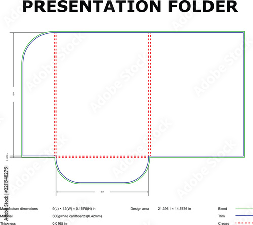 Presentation folder dieline template, layout with bleed, trim, and crease lines for 300g white cardboard document folder manufacturing