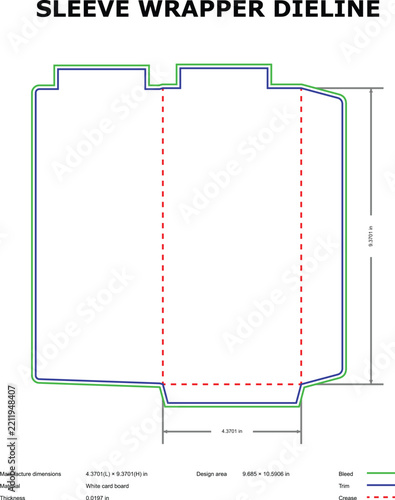 Sleeve wrapper dieline template with bleed, trim, and crease lines, technical packaging layout for white cardboard with dimension labels