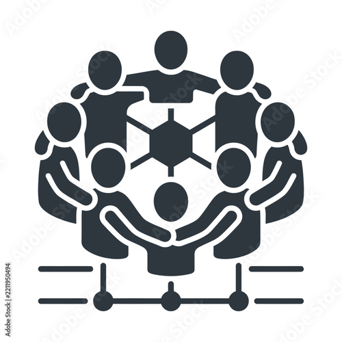 Unified teamwork icon, group of people standing in a circle, corporate collaboration and community partnership symbol