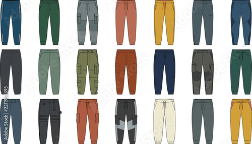 Colorful Pants Fashion Flat Sketch Collection with Cargo, Jogger, Utility and Casual Trousers Vector Designs