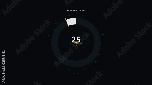 Premium 4K animation visualizing the remaining days of a 365-day year as a circular annual time reservoir. Individual day segments progressively deactivate from 100% to 0%, creating a physical visual