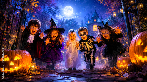 Group of children in various costumes running towards camera at night, pumpkins and spooky mansion background, full moon light. Halloween celebration, autumn festivities, childhood joy.