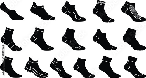 Black Sock Silhouette Collection with Ankle, Crew, Ribbed and Athletic Footwear Styles for Apparel Design