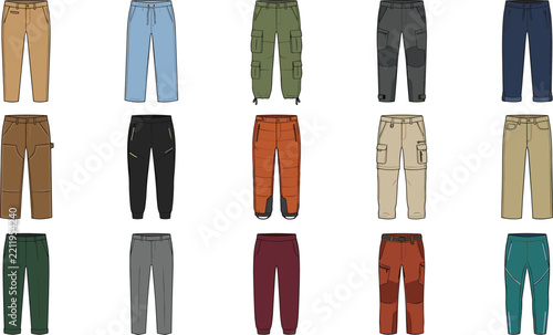 Colorful Pants Fashion Flat Sketch Collection with Cargo, Utility, Casual and Workwear Trouser Designs