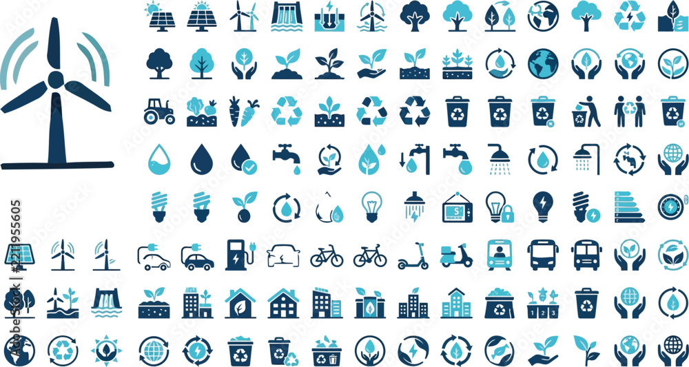 Fototapeta premium Environment and sustainability icons set with wind turbine, solar panel, trees, water drop, faucet, recycling, waste bins, bicycle, bus, green city and light bulb, blue vector glyph pictograms