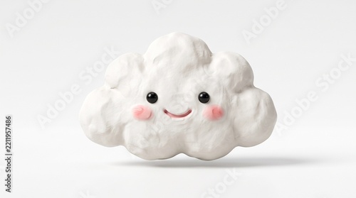 Cute smiling white cloud character with rosy cheeks and black eyes on a plain white background