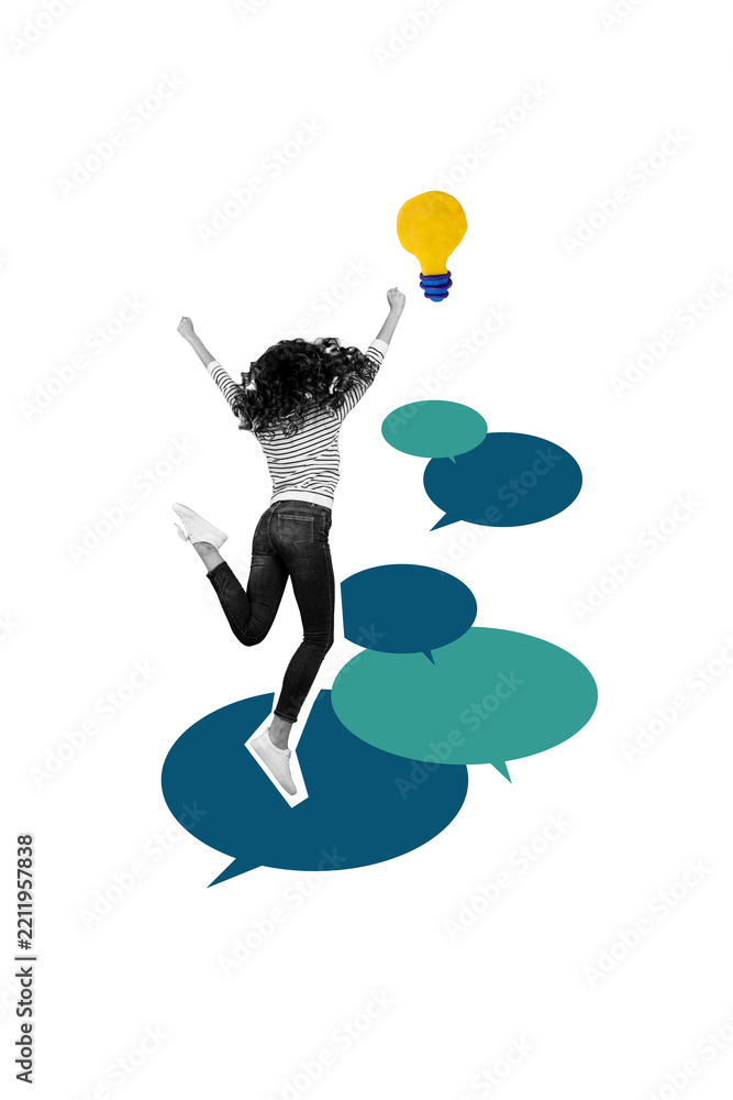 Fototapeta premium Vertical collage young woman jump celebrate success victory winner communication forum textboxes conversation lightbulb eureka decision