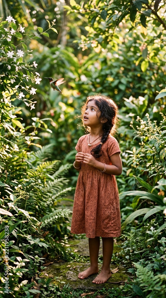 Fototapeta premium Young Indian Girl Watching a Hummingbird in Dappled Garden Sunlight