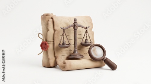 Claymation legal documents with scales of justice and magnifying glass on white background