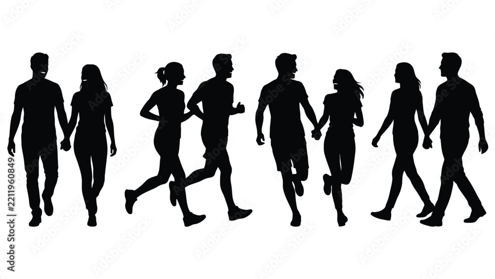 Obraz premium Diverse couples walking and jogging together portrayed as isolated black silhouettes on a clean white background