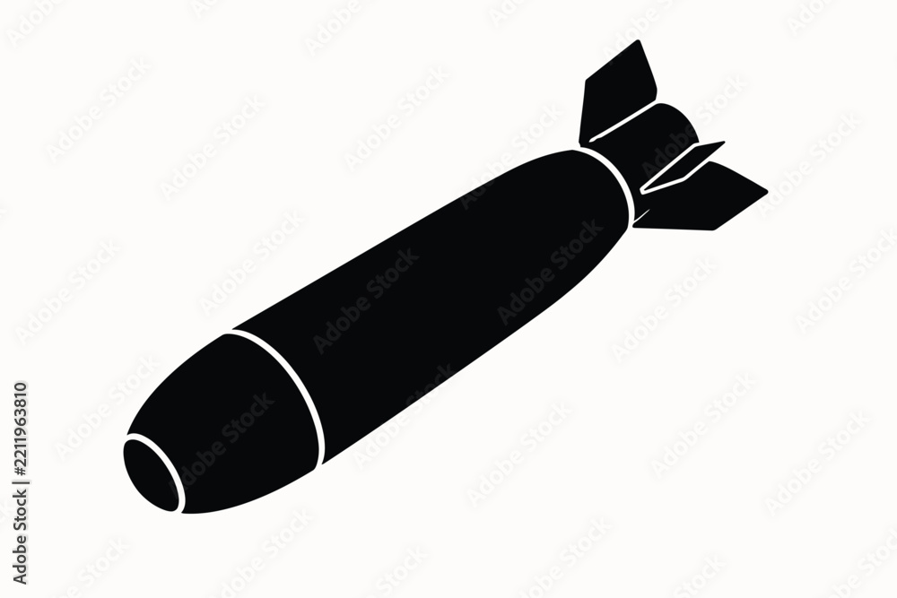 Fototapeta premium Black silhouette of a military bomb with tail fins and fuse, representing ammunition, ordnance, warfare, conflict, danger, and defense concepts