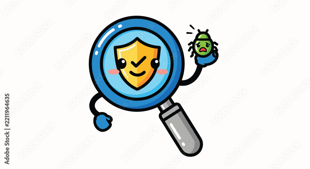 Obraz premium Cute magnifying glass with shield and bug symbols, representing cybersecurity, digital protection, threat detection, privacy, security, and inspection
