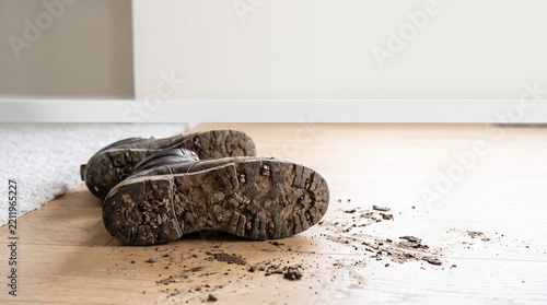 Dirty brown boots leave mud and soil on a clean light wooden floor.